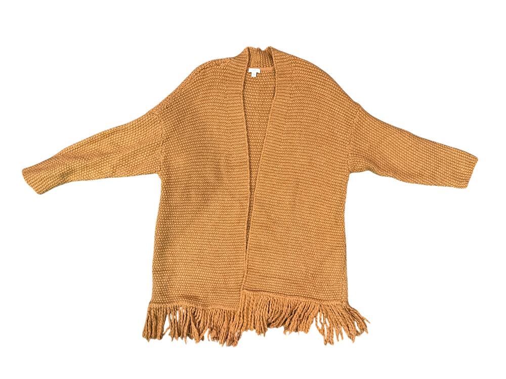 J Jill Cardigan 2X Camel Brown Wool Blend Chunky Knit Open Front Fringe Boho